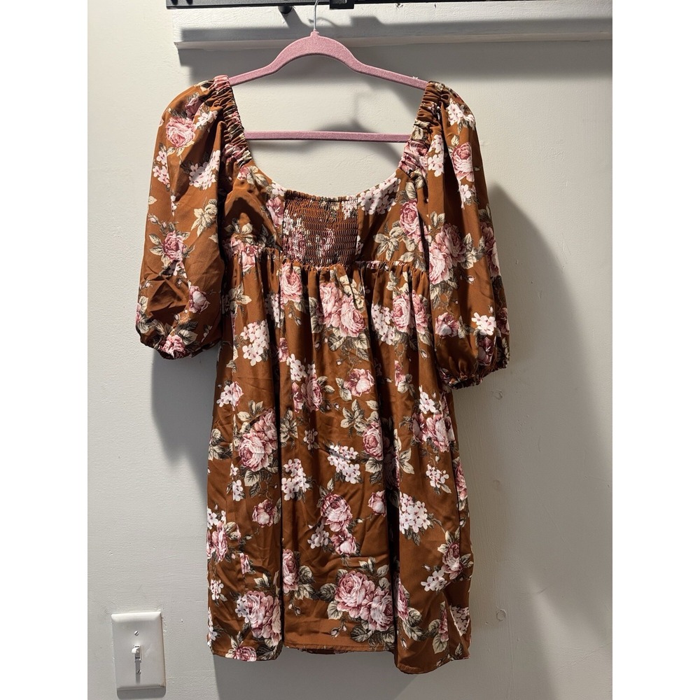 Wayf Womens Pecan Floral Peasant Baby Doll 3/4 Sleeve Mini Dress Sz Xs - Picture 8 of 13